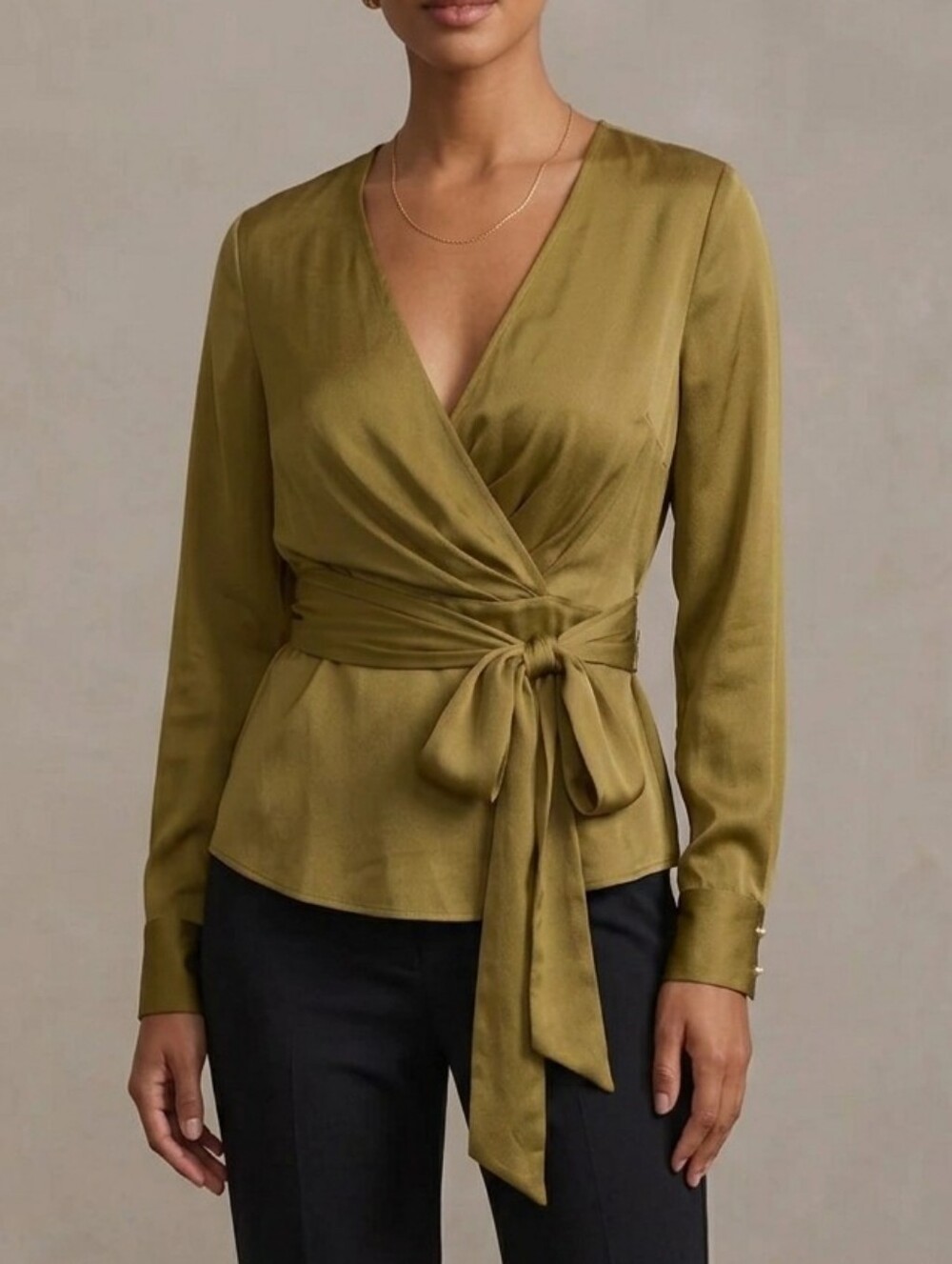 Anthropologie Moulinette Soeurs Long Sleeve Tie Wrap Blouse Top Size 4 US Olive